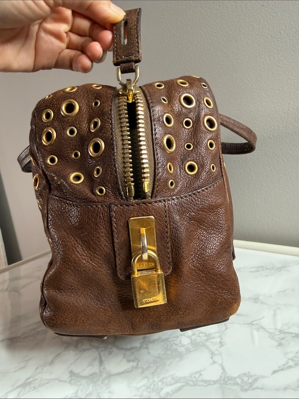 Prada Dark Brown Leather Grommet Satchel with Gold Hardware - Picture 5 of 12